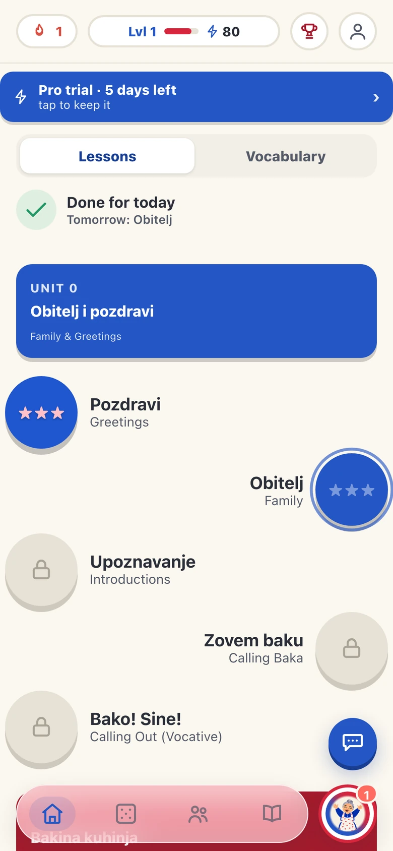 Hrvatski home screen showing the Family and Greetings unit with lessons Pozdravi, Obitelj, Upoznavanje and Zovem baku on a winding path