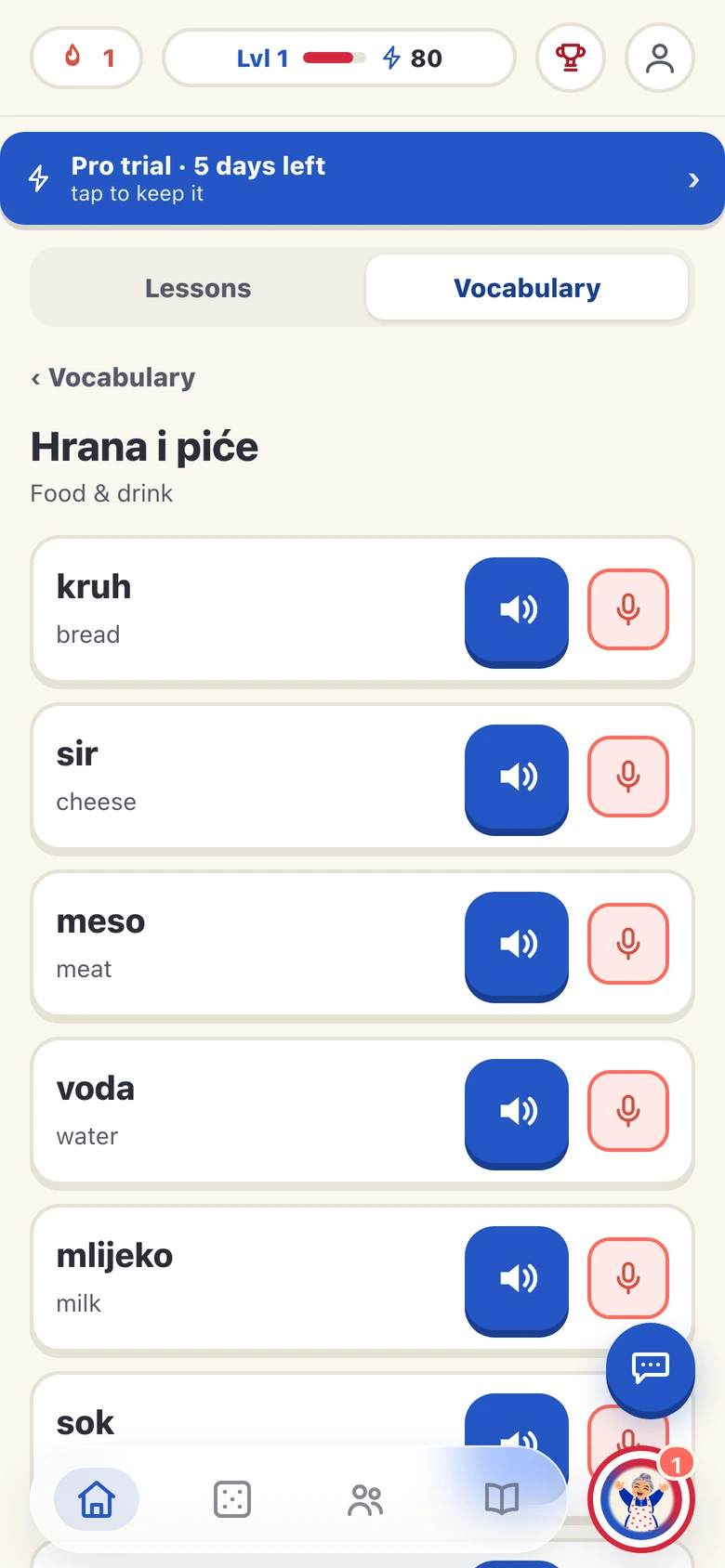 Hrvatski vocabulary list for Food and drink showing kruh, sir, meso, voda and mlijeko with audio and microphone buttons