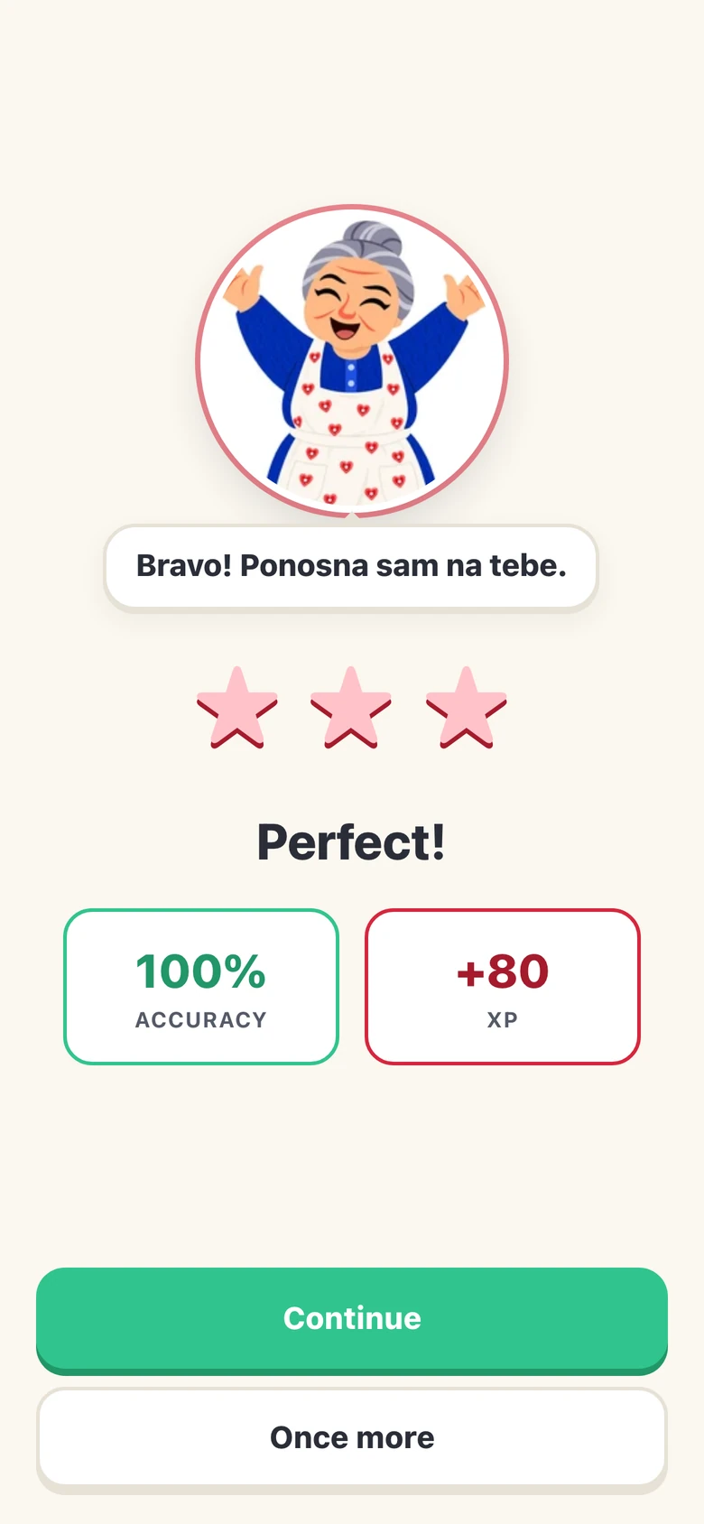 Hrvatski lesson complete screen with Baka cheering, three stars, 100 percent accuracy and 80 XP